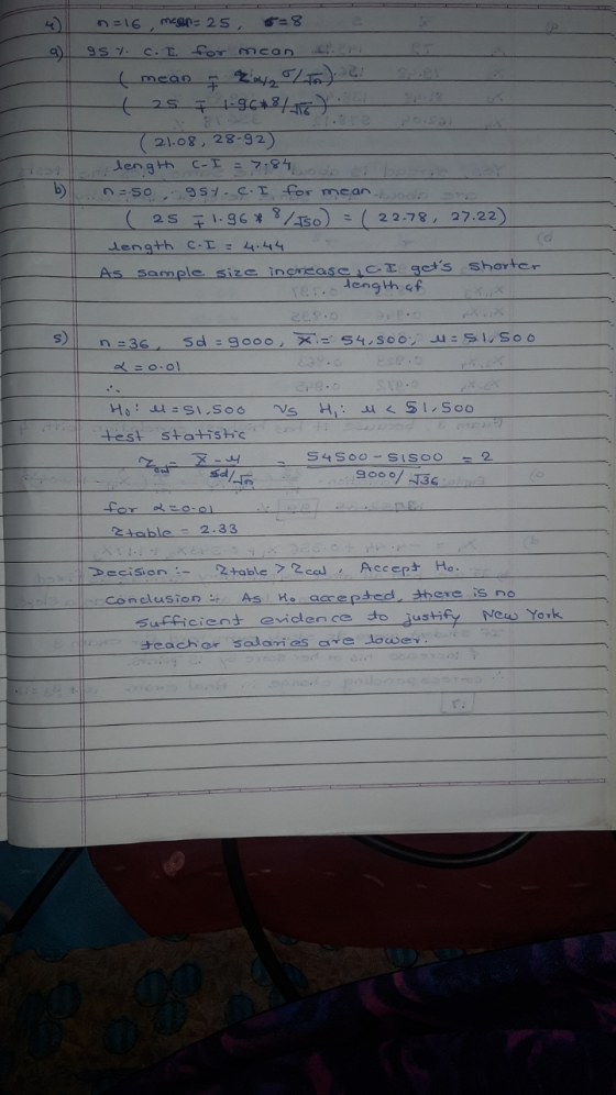n=16, mean= 25, 4) C. T. for mca 9) mean 2ioy20/) 21.08, 28-92) length C- I = 7.84 b) n=s0, gs%-C.I for mea רייב 22.78, 27.22