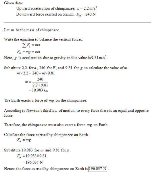 Given data Upward acceleration of chimpanzee, a - 2.2 m/s Downward force exerted on branch, F-240 N Let m be the mass of chim
