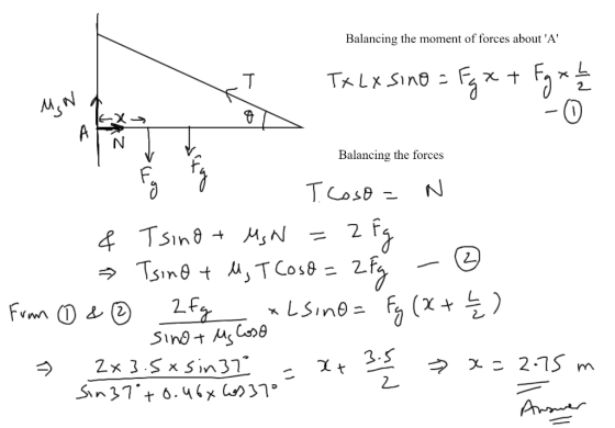 Balancing the moment of forces about A TLx SinO - xt MN -C0 A Balancing the forces TosB & Tsin MsN 2 Tsine t A,T Cos8 Frmn