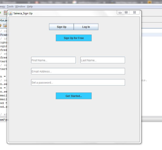 eam Iools Window Help 一 回 X Seneca Sign Up Gui Sign Up Log In Fr Sign Up for Free ign ogi fre fre First Name... Last Name.. t