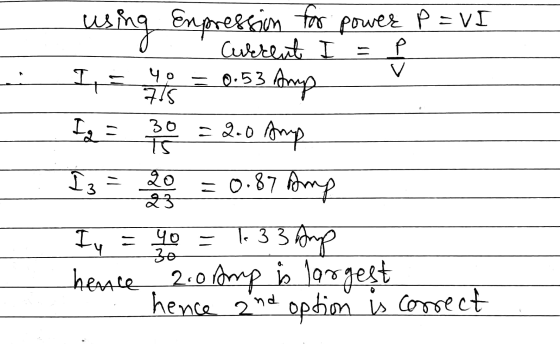 using Expression for power p=VI o current I = ? I= = 0.53 Amy Ig = 30 = 2.0 Amp Iz = 20 = 0.87 Amp Iy = 40 = 1 3 3 Amp hence