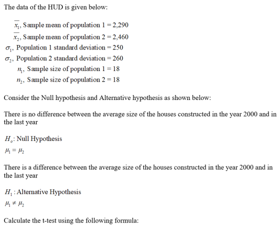The data of the HUD is given below: .*; Sample mean of population 1 = 2,290 X2, Sample mean of population 2 = 2,460 0, Popula