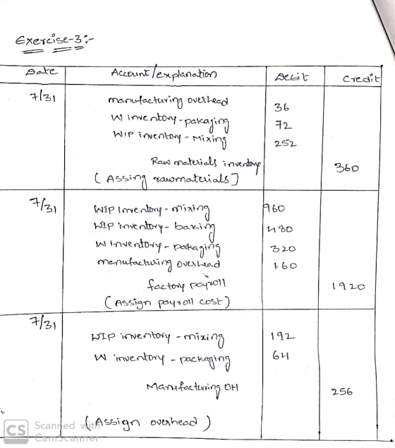 Exercise-3 1 credit Date 7/31 od Ñ 360 Account (explanation Desit manufacturing overhead w inventory -pakaging WIP inventory