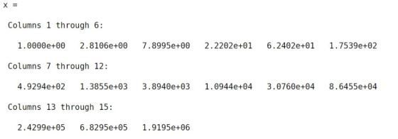 Columns 1 through 6: 1.0000e+00 2.8106e+00 7.8995e+00 2.2202e+01 6.2402e+01 1.7539e+02 Columns 7 through 12: 4.9294e+02 1.385
