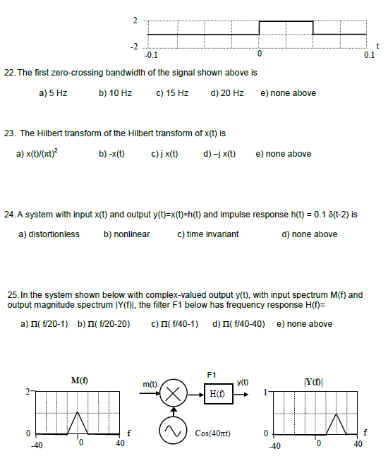 0.1 22. The first zero-crossing bandwidth of the signal shown above is a)5Hz b) 10 Hz c) 15 Hz d) 20 Hz e) none above 23. The Hilbert transform of the Hilbert transform of x(t) is a) x(t)(t) b) -x(t) c)jx(t d)-jx(t) e) none above 24. A system with input x(t) and output y(t) x(t)*h(t) and impulse response h(t) 0.18(t-2) is a) distortionless b) nonlinear c) time invariant d) none above 25. In the system shown below with complex-valued output y(t), with input spectrum M(f) and output magnitude spectrum IY(MI, the filter F1 below has frequency response H( a) 11( 1120-1) b) Π( f/20-20) c) Π( f/40-1) d) Π(M40-40) e) none above F1 M(f) y(t) m(t) H(f) Cos(40)0 40 -40 40