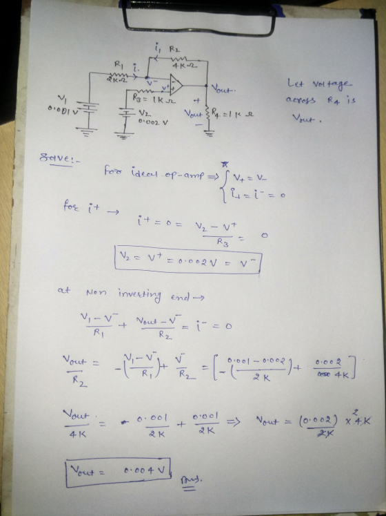 , R₂ R i. 4ka2 2KR Vout. vt Let voltage Rz= lkr DIODIV Yout??q=1 kr across RA is Yout. B002 V Savein for ideal op-amp => V+=u