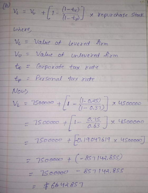 V = V + 1 (1-t) ll-to I x repurchase Stock where, V = Value of Levered from Vo = Value of unlevered from to - Corporate tax