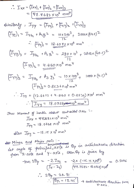 У), = Tyon t A2y22-280 x 103 f 28mx@o.s.) 1 2. Yhus Momeut Bf ínexta aborit centroidal axes 6 ler anau