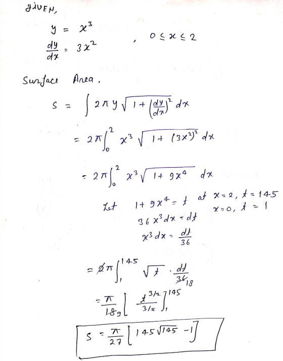 given, حی 3 O스드 2 dy da 322 Surface Area, 2 s = 20y+19 dre ? Ida 2. 2 2T 23 1+ 132 dx 14 99 da Let + 9x4 - 4 ad X-2, t- 145 X