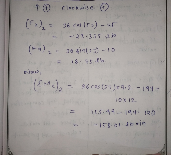 k clockwise A (Fx), = 36 Cos (53) - us - 23.335 lb (Fy), 2 = 36şin (53) - 10 18.75lb. inlow, (Eme) 36 cos (53) x 70 2 -194- 1