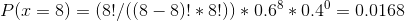 P(x=8) = (8!/((8-8)!*8!))*0.6^8*0.4^0 = 0.0168