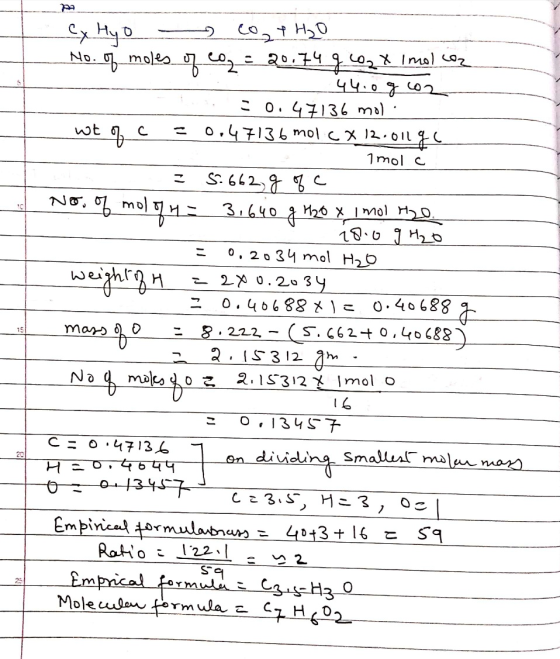 wt с of 10 Cx Hyo co + H₂O No. of moles oq ez = 20.744 602X Imol.coz 44.0 g co2 -0.47136 mol 0.47136 mol c X 12.0114c molc =