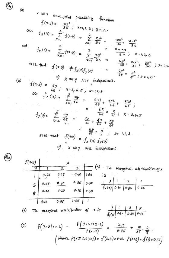 (6) x awy have joint probability function flary) = 30 ; x=1, 2, 3; y = 1,2 So, fx/X) = [ f(qiy) y= ху2 2 y=1 Že 2 x2 30 xx, 2
