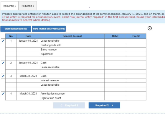 Required 1 Required 2 Prepare appropriate entries for Newton Labs to record the arrangement at its commencement, January 1, 2