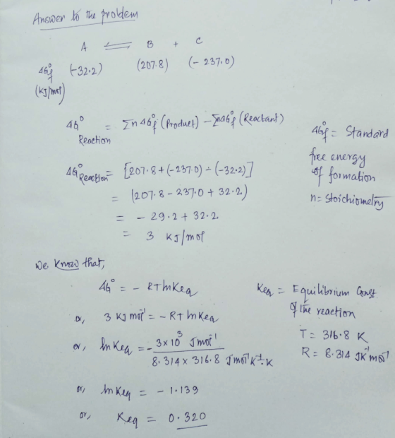Answer to the problem A - F32.2) B + (207.8) c (- 237.0) (kJ/met) 46° Reaction In (produet) - Sna6.(Reactant) Abf= Standard f