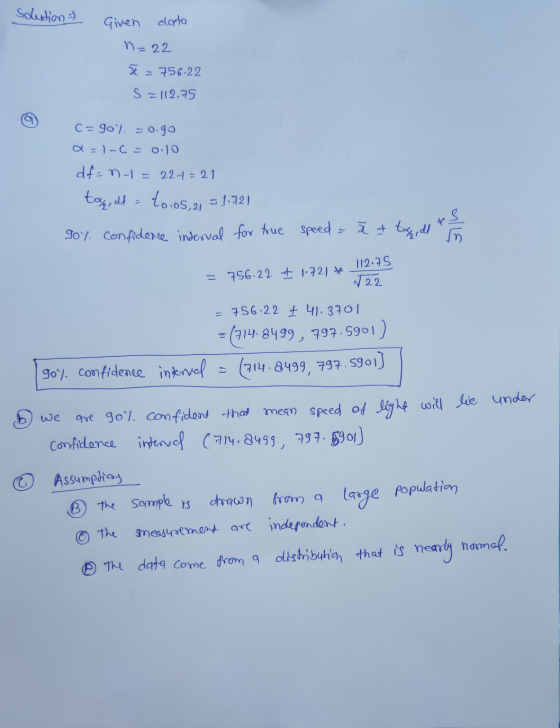 solution =) Given clata n=22 D = 756,22 S=112.75 a C = 90). =0.go d=1-6 - 0:10 df-n- 22-1=21 to, olf = to 05, 21 = 1.721 goy