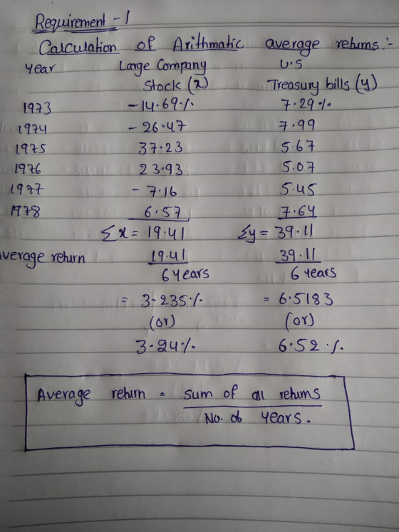 Requirement - Calculation of Arithmatic average returns. year Large Company on us. Stock (2) Treasury bills (4) 1973 - 14.69.