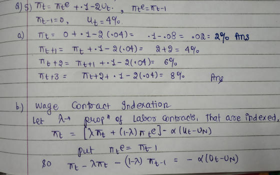 a) s) t = the toy-QUt a te=1Tt-1 nt-1=0, ut = 4%. It = oto1-2 (004)= a4-.08= .02 = 2% TH= Tt to I-21:04) = 2+2 = 4% To+2= itt
