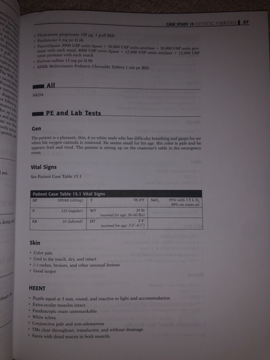 CASE STUDY 15 CYSTIC FIBROSIS I 67 Fluticasone propionate 100 p. 1 puff BID Piednisone 4 mg po 6h P elipase: 8000 USP units l