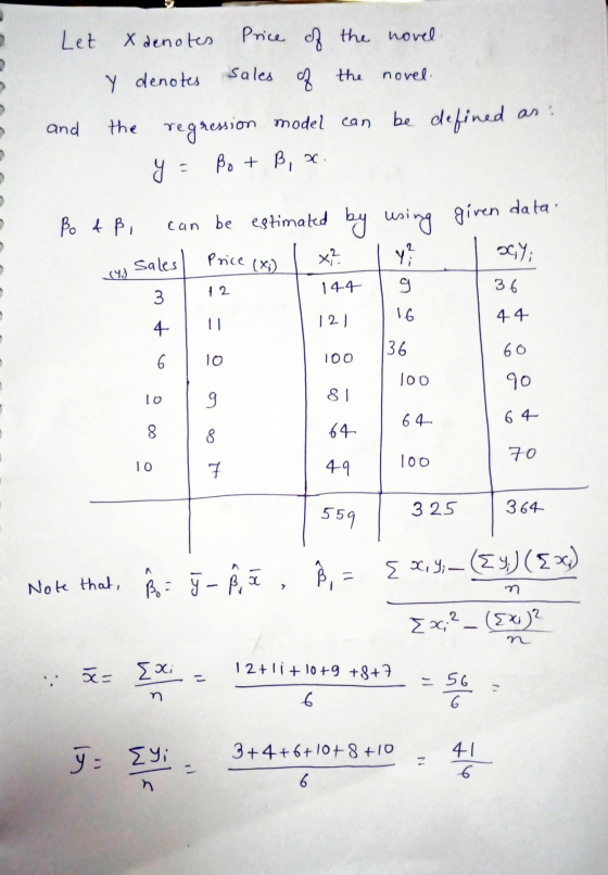 Let Sales X denotes Price of the novel Y denotes of the the novel. the regression model can be defined Bo + B, 30 and ce give