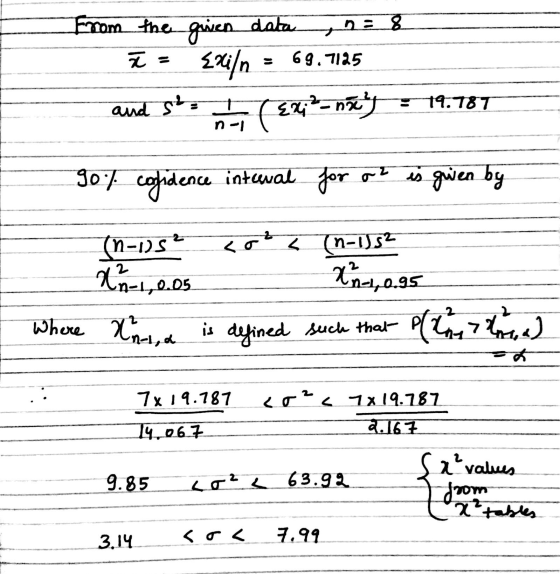 From the given data , n = 8 ł = {xi/n = 69.7125 and sto ni ( +- nay : 19.787 90% cogidence interval for at is given by (n-1)