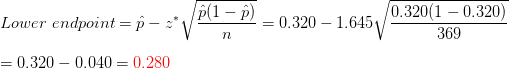 \\Lower \ endpoint=\hat{p}- z^* \sqrt{\frac{\hat{p}(1-\hat{p})}{n}}=0.320-1.645\sqrt{\frac{0.320(1-0.320)}{369}} \\\\=0.320-0.040={\color{Red} 0.280}