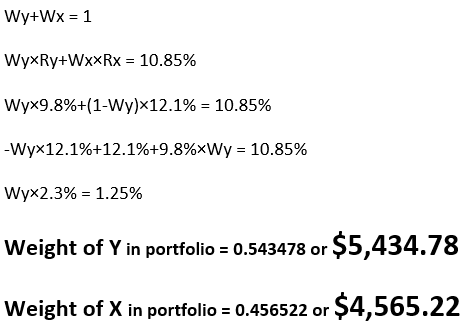 wyxRy4WxXRx-10.85% Wyx9.8%+(1-Wy)x12.1%-10.85% wyx 12.1%+12.1%+9.8%xwy = 10.85% wy×2.3% = 1.25% Weight of Y in portfolio - 0.