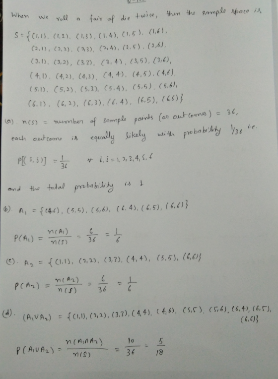 When we roll a fair of CLD (L.3), (13), C4), c5. C6) Ca、I),い,1). (AM (2,4), (2.5) , (2,6), eauh ess cem equa usi ta 34 MCA) ท