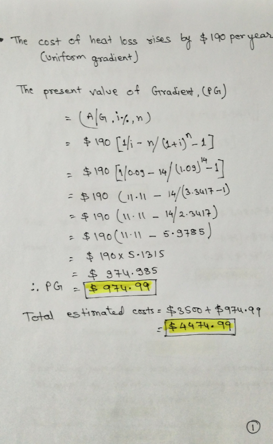 The cost of heat loss sises b $ 1g0 per year Cunirfosm gradient) The present value of GTYadiet, (PG) 14 0.03 14 (.091 : 190 C