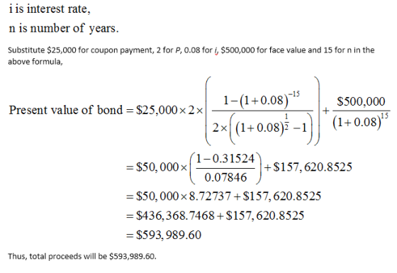 iis interest rate, n is number of years. Substitute $25,000 for coupon payment, 2 for P, 0.08 for i, $500,000 for face value