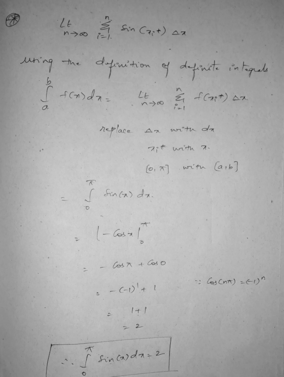 .Lt no i=1 & sin Cart) an uring the definition [ f(n) dna of definite ete in integrals LE f (not) ax. no replace an with da i