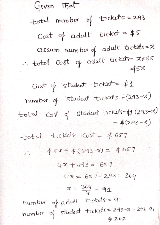 Given that total number of tickets = 293 Cost of adult ticket = $5 assum number of adult tickets=2 .. total cost of adult tic