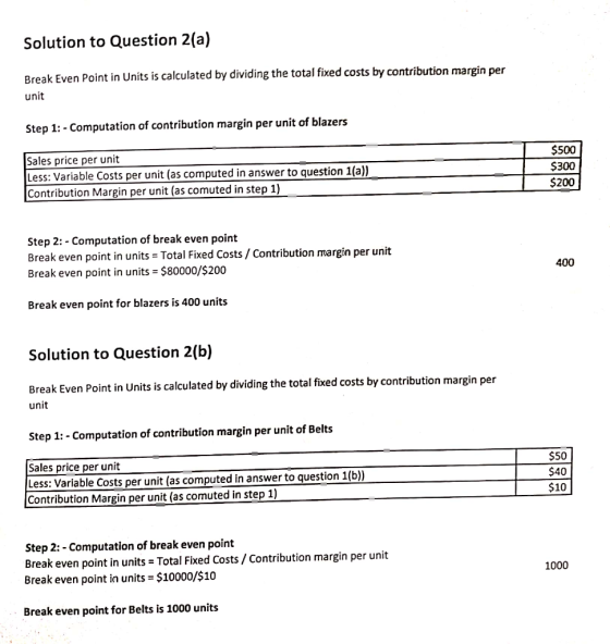 Solution to Question 2(a) Break Even Point in Units is calculated by dividing the total fixed costs by contribution margin pe