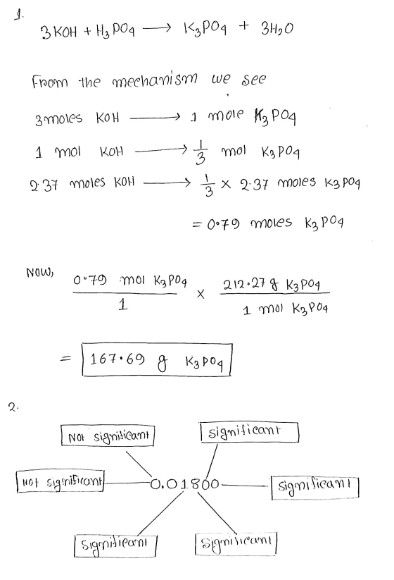 1. 3 KOH + H₂PO4 → K₂PO4 + 3H₂O From the mechanism we see 3 moles KOH » 1 more K₂ POL 个 1 moi KOH mol K₃PO4 wi- of 2: 37 mole