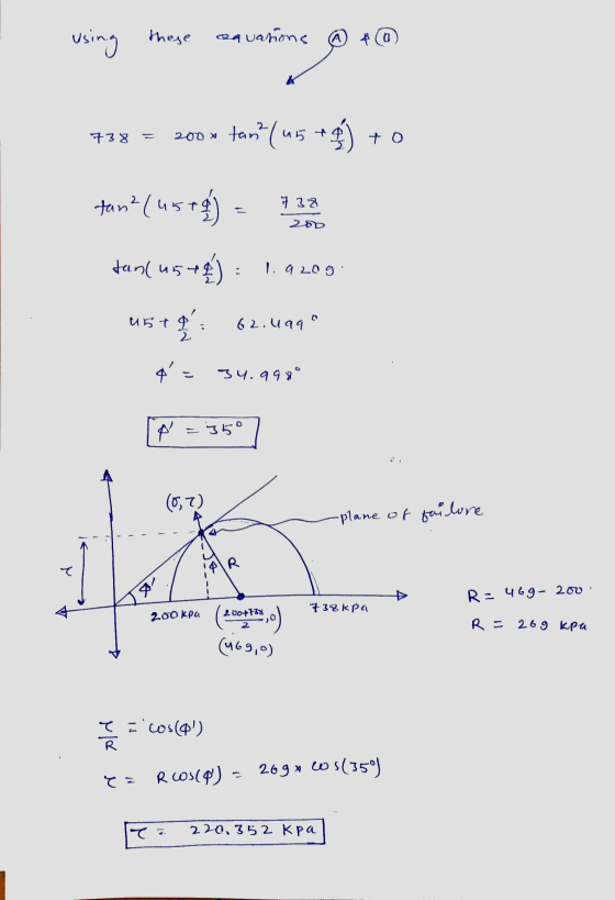 using these aavasions ① & ② tan? (4576) = 738 200 dant 15+6) = 1.9209. 25+ 62.499 = 34.998° (p=3507 T (1,72 b plane or failur