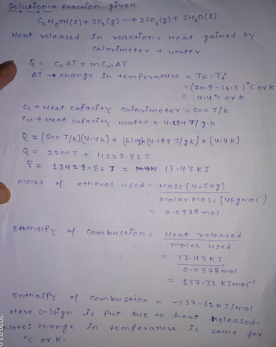 Solutions Reaction given C₂ Mg OH (1) +30₂(g) 200 (g) + 3 H₂O (1) Heat released in reaction - heat gained by Colorimeter t wa