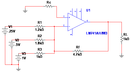 Rc R1 1.2kn R2 1.8kn R3 LM741AH883 RL .25V Rf 5v 4.7k