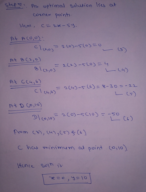 step II As optimal solution lies at corner points. - 2x-5%. At A CO,O): دوره \C 5210)-500)=0 6) At B (2,0) B1 (20) = 2020-5lo