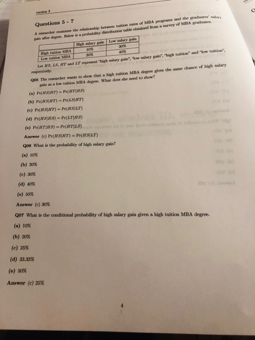 r Questions 5 - 7 Archer examine the relationship between tuition rates of MBA programs and the wate gain after drone. Below