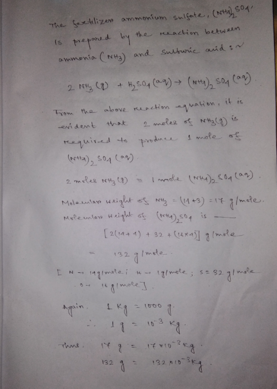 The SertlizeN ammonium sulfate, (Ntta, S04 the raaction betwan (s ammonia (NHa) and Situric auidt 2 N C) H2S04 (a)(Nt), s04 C