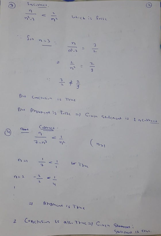 ③ Incorrect n27 a which is forse ! But Conclusion is True But Argunent is folse =) Given Statement is incorrect Cars 7.23 n (