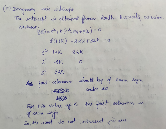(F) Imaginary caxis intercept The intercept is obtained from Routh- Hurwitz vriterion, We know, ou Ws) =s&+K(82-85+32) = 0 8P