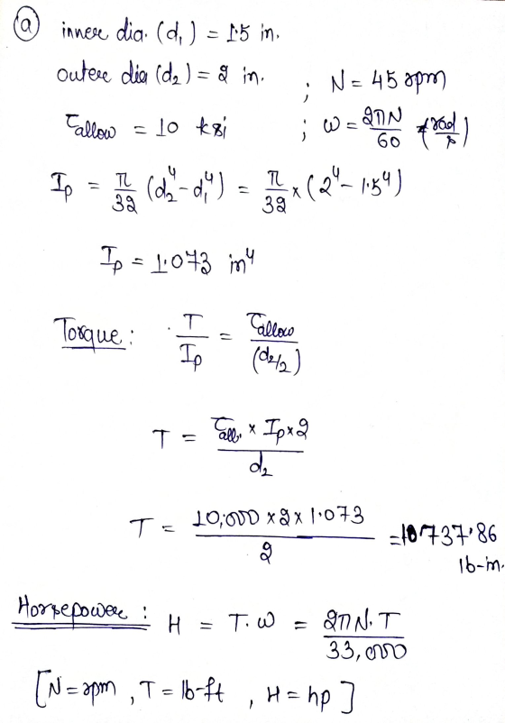 @ innere dia. (de) = ng in outere die (da) = 8 in. Fallow = lo ksi i WQIN ; N= 45 opm foly (24-1054) 60 u Ip T 38 (da-d) T 3