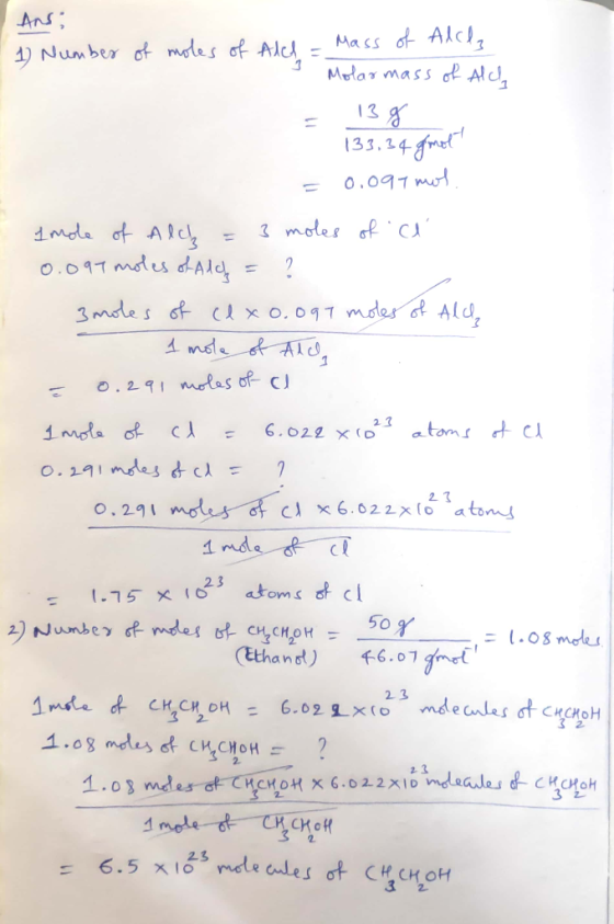 Ans Mass of Alc Medar mass oL Ald 4) Number of moles of Al 1 138 133.24 gmet 0.097m 3 moles of Ca 1mda of Alds O.041 modes dA