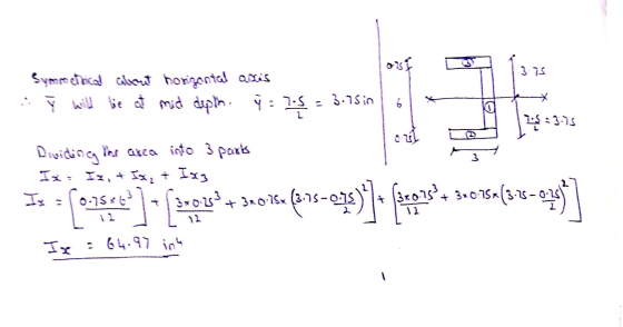 3.75 Symmetrical about horizontal axis :: ✓ will live at mid deplin. Y = 7.5 - 3.75in 16* :3.15 Dividing the area into 3 part