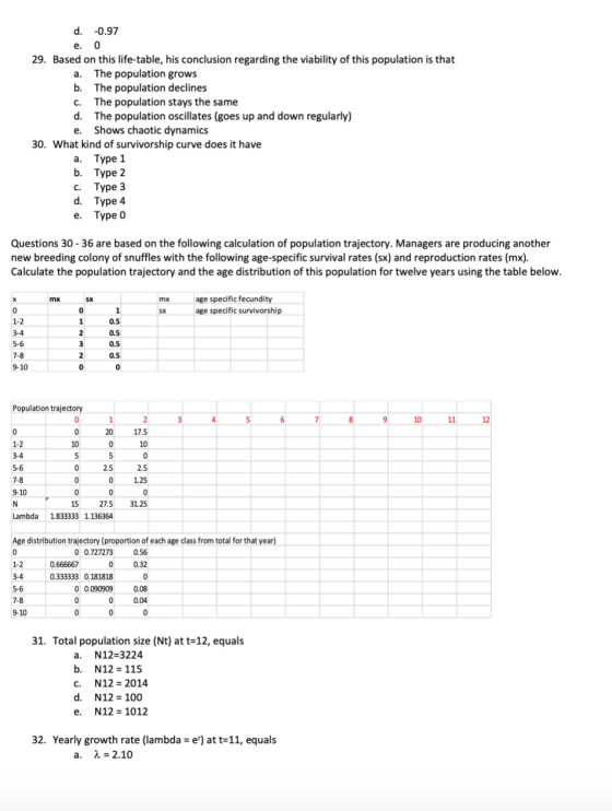 d. -0.97 e. 0 29. Based on this life-table, his conclusion regarding the viability of this population is that a. The populati
