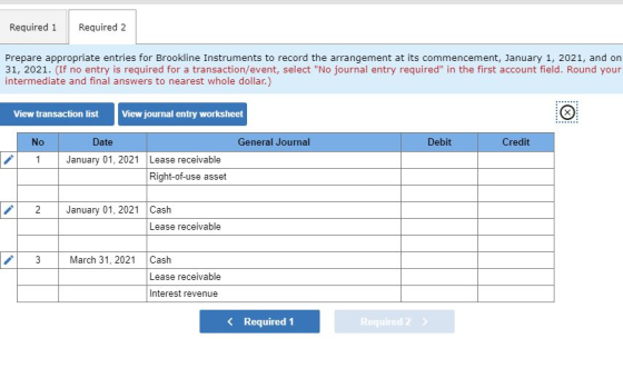 Required 1 Required 2 Prepare appropriate entries for Brookline Instruments to record the arrangement at its commencement, Ja