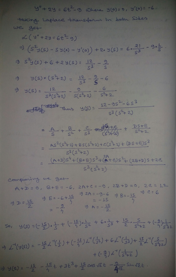 y+2y = 6+²-9 where y(o)= 0, y(o)= -6. taking Laplace transform in both sides we get L(y+ 2y = 6+² g) (sycs) - Sy(a) – Y(