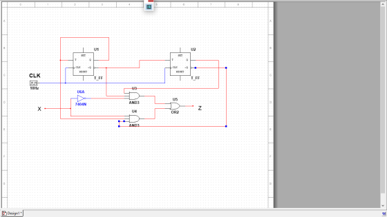 U1 U2 SET SET T CLK 0 CLK RESET RESET CLK TFF TFF 10Hz 03 U6A U5 AND3 7404N х Z U4 OR2 AND3 Design1*