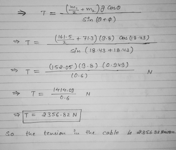 Tom + m₂) I Coso Sin (0+0) (161.5. +71.3) (9.8) cos (19.43) sin (18.43 +18.43) - T (152.05) (9.8) (0.949) (0.6) T= 1414.09 -